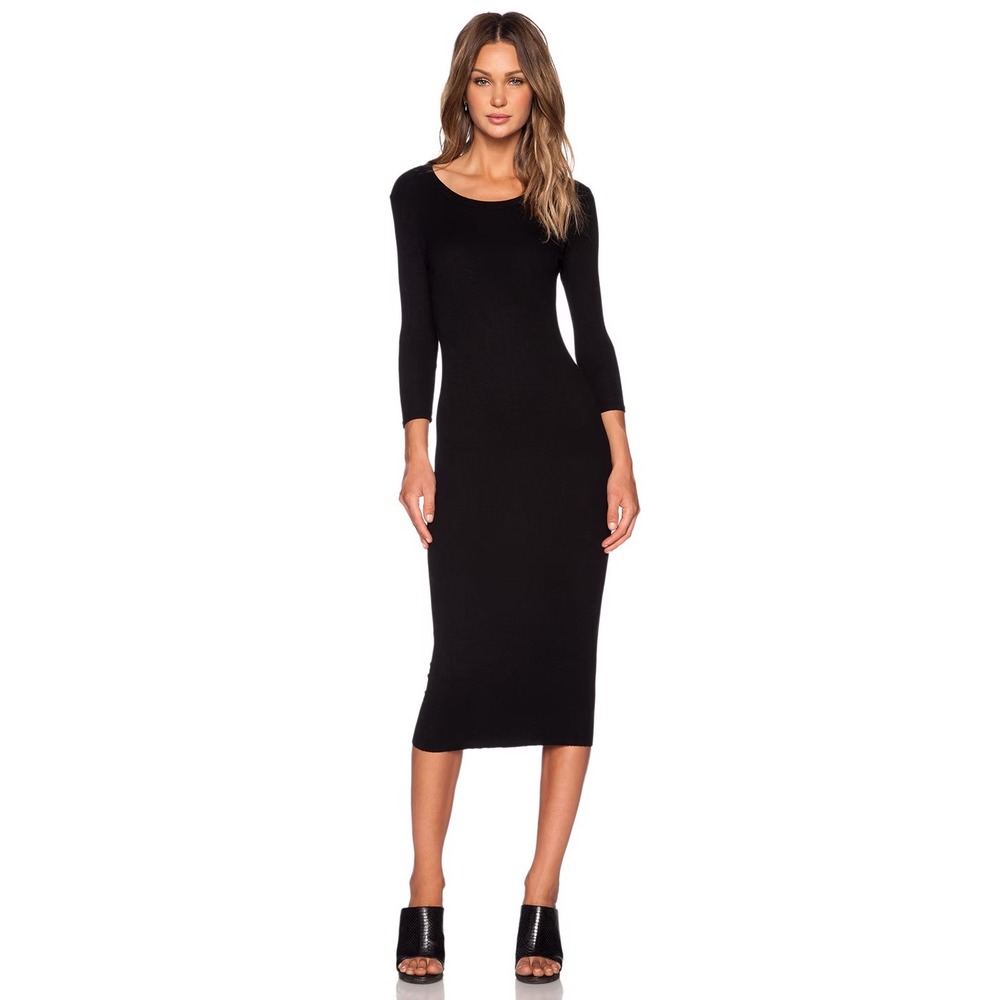 Enza Costa Silk Jersey Rib 3/4 Sleeve Dress Lg Black Stretch Bodycon Chic Sexy